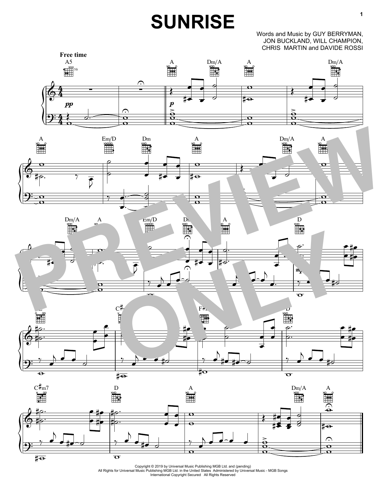 Download Coldplay Sunrise Sheet Music and learn how to play Piano, Vocal & Guitar Chords (Right-Hand Melody) PDF digital score in minutes