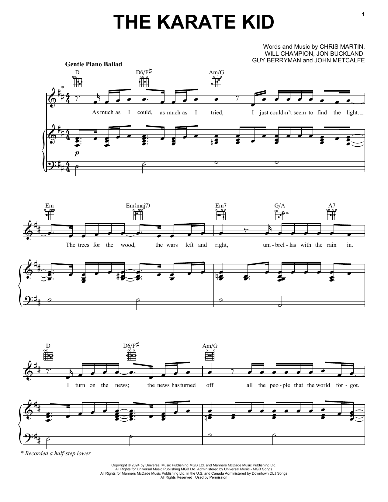 Download Coldplay The Karate Kid Sheet Music and learn how to play Piano, Vocal & Guitar Chords (Right-Hand Melody) PDF digital score in minutes