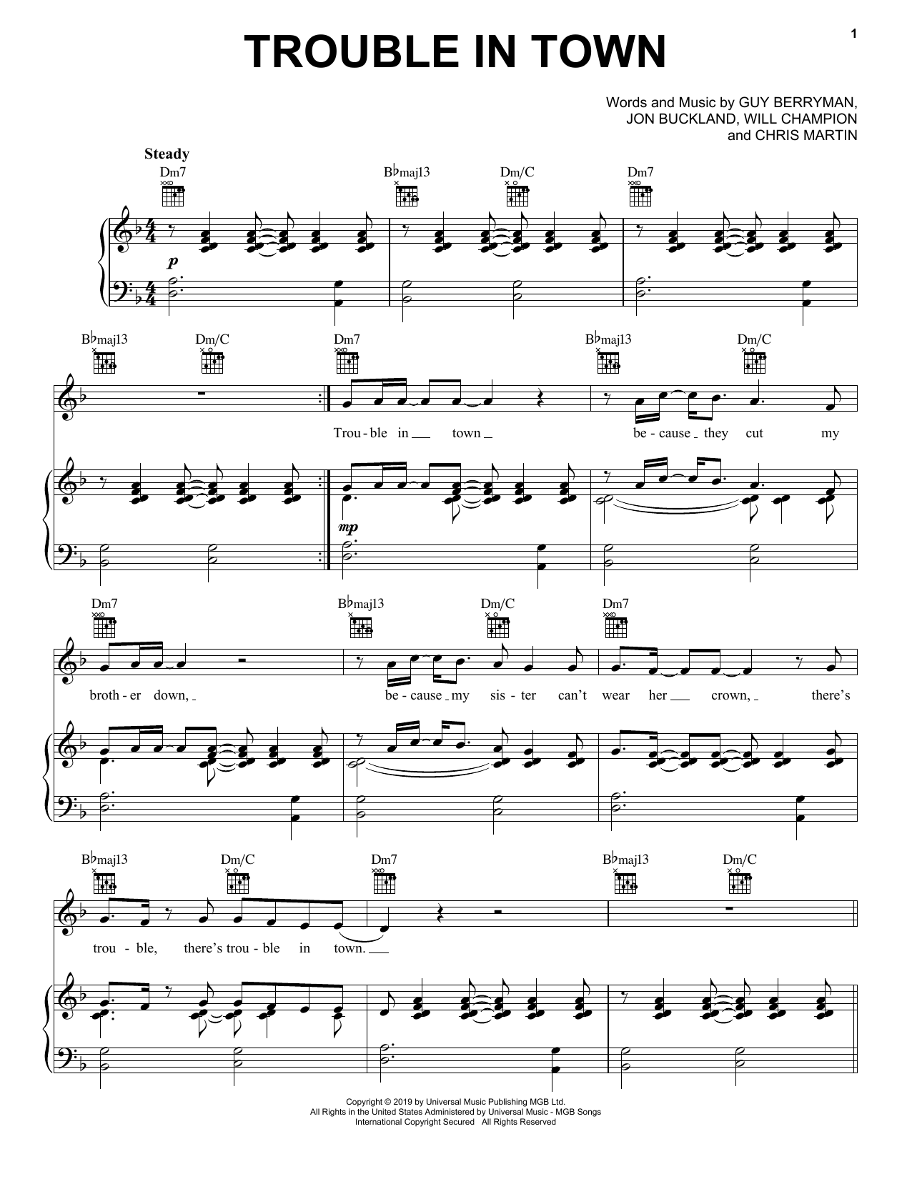 Download Coldplay Trouble In Town Sheet Music and learn how to play Piano, Vocal & Guitar Chords (Right-Hand Melody) PDF digital score in minutes