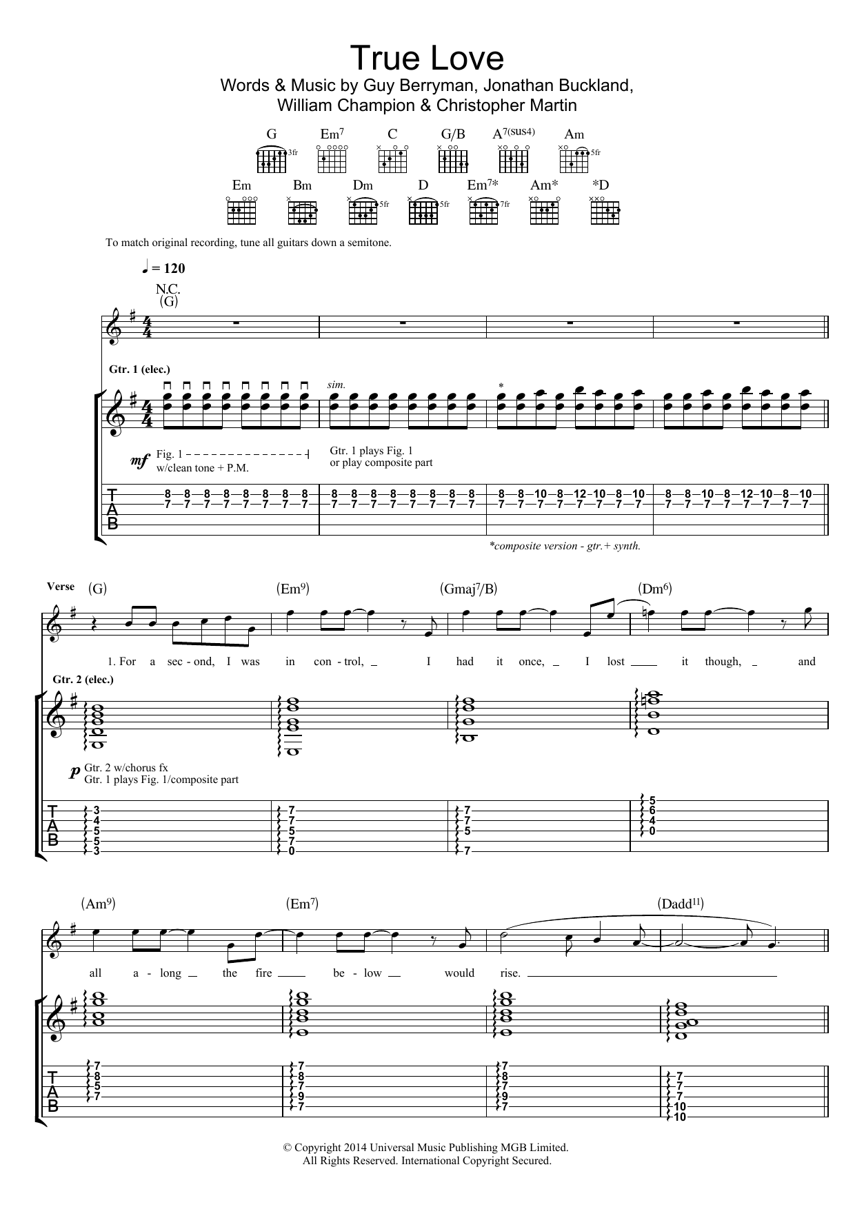 Download Coldplay True Love Sheet Music and learn how to play Guitar Chords/Lyrics PDF digital score in minutes