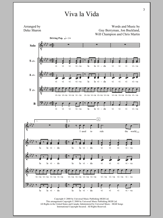 Download Coldplay Viva La Vida (arr. Deke Sharon) Sheet Music and learn how to play SATB Choir PDF digital score in minutes