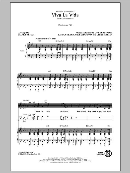 Download Coldplay Viva La Vida (arr. Mark Brymer) Sheet Music and learn how to play SAB PDF digital score in minutes