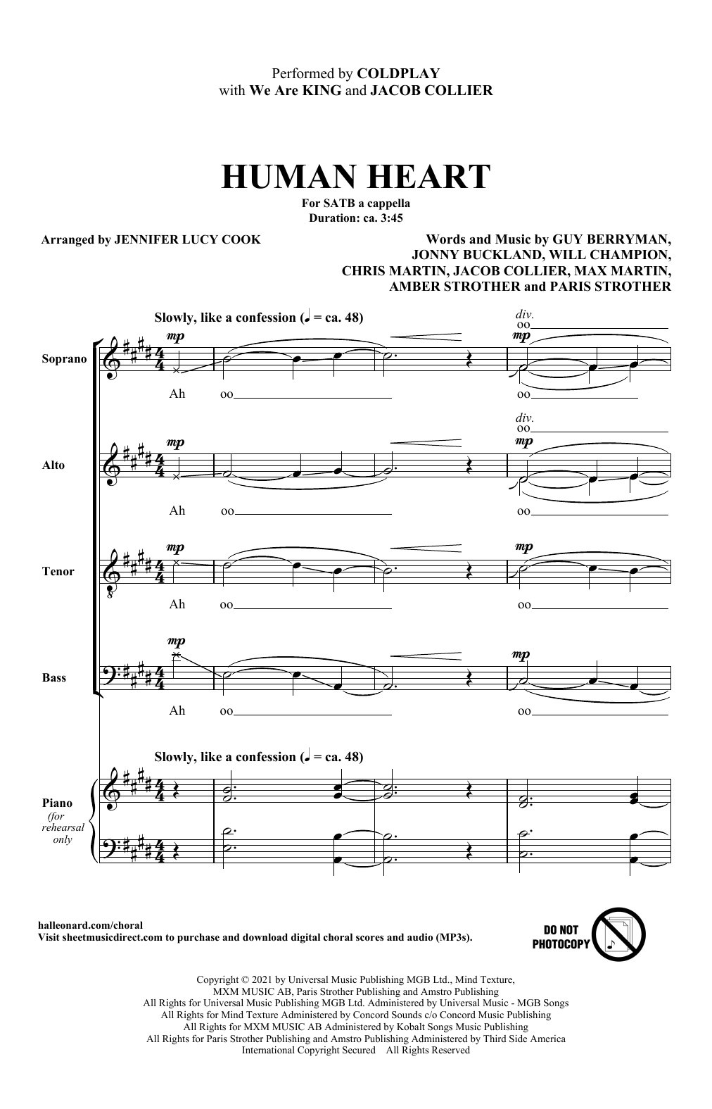 Download Coldplay, We Are KING, and Jacob Collier Human Heart (arr. Jennifer Lucy Cook) Sheet Music and learn how to play SATB Choir PDF digital score in minutes