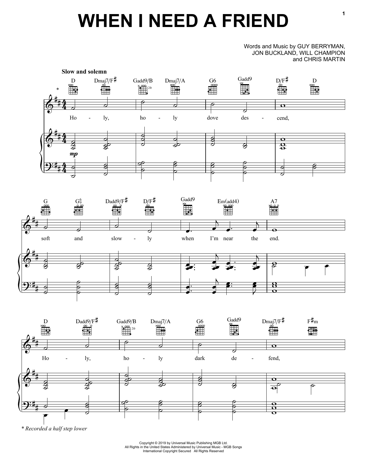 Download Coldplay When I Need A Friend Sheet Music and learn how to play Piano, Vocal & Guitar Chords (Right-Hand Melody) PDF digital score in minutes