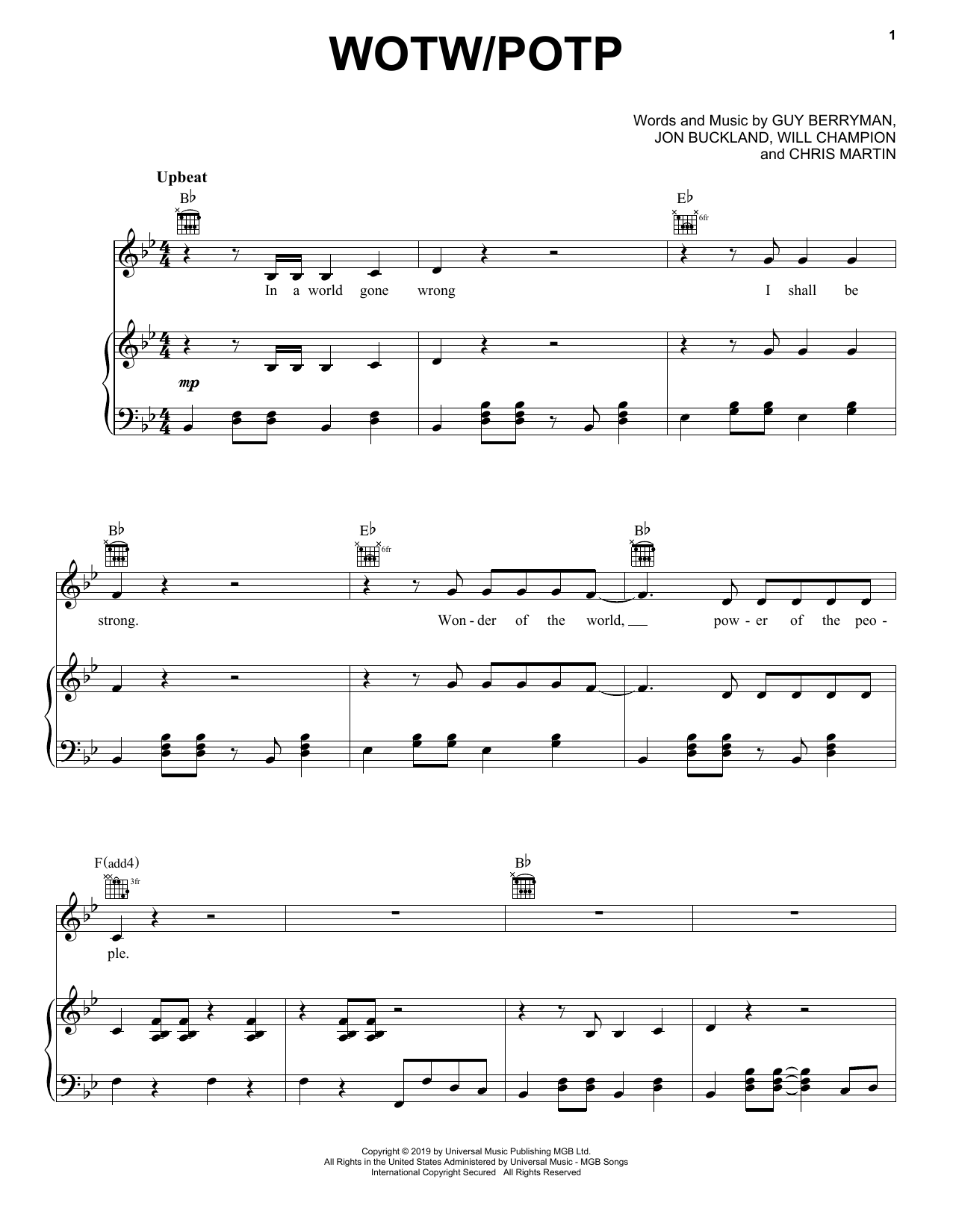 Download Coldplay WOTW / POTP Sheet Music and learn how to play Piano, Vocal & Guitar Chords (Right-Hand Melody) PDF digital score in minutes