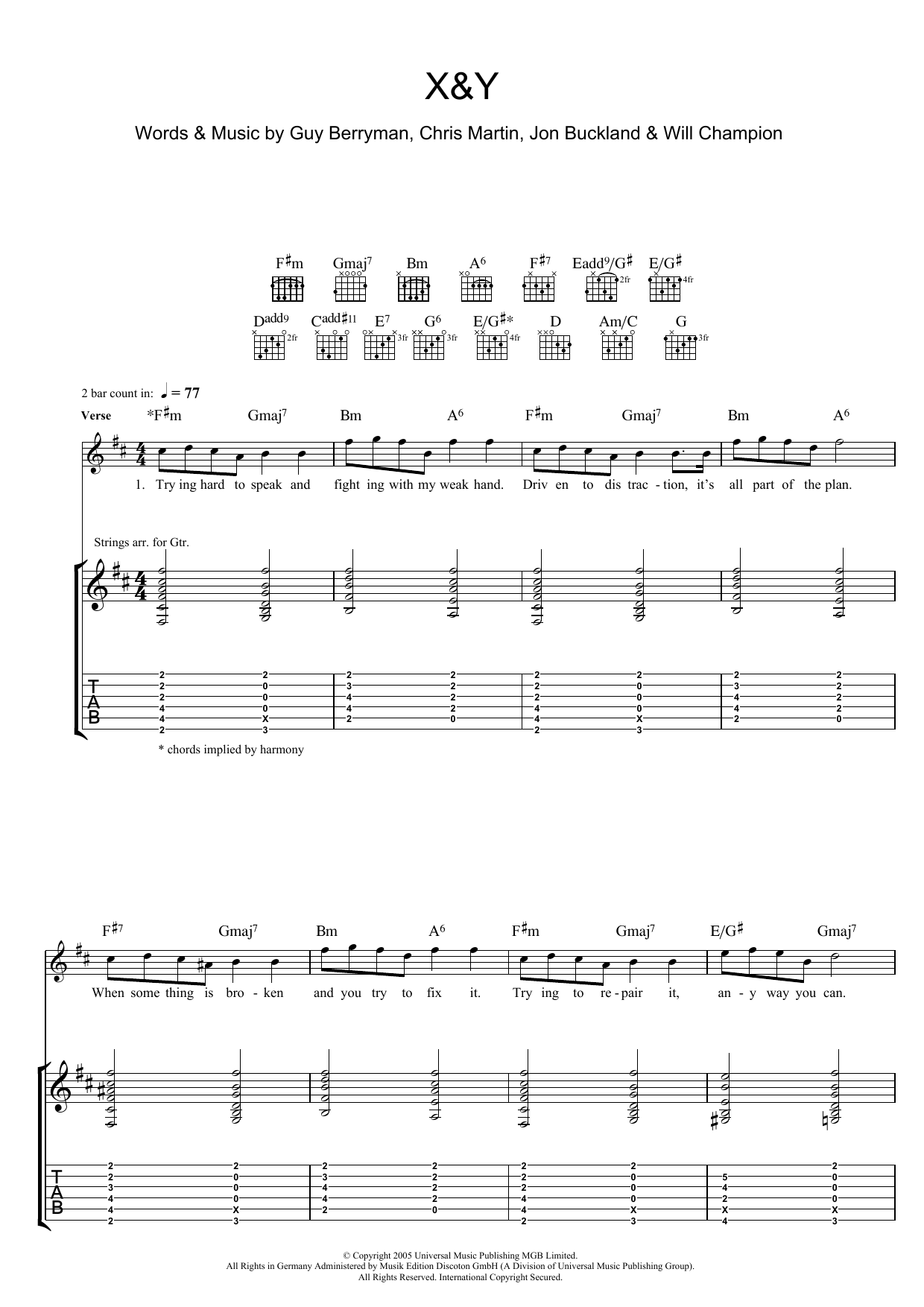 Download Coldplay X and Y Sheet Music and learn how to play Guitar Chords/Lyrics PDF digital score in minutes