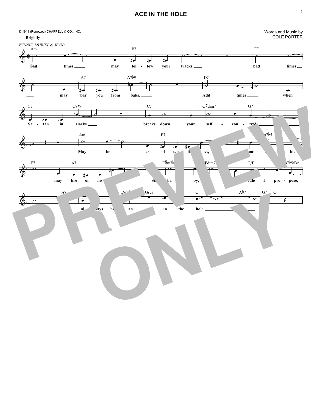 Download Cole Porter Ace In The Hole Sheet Music and learn how to play Melody Line, Lyrics & Chords PDF digital score in minutes