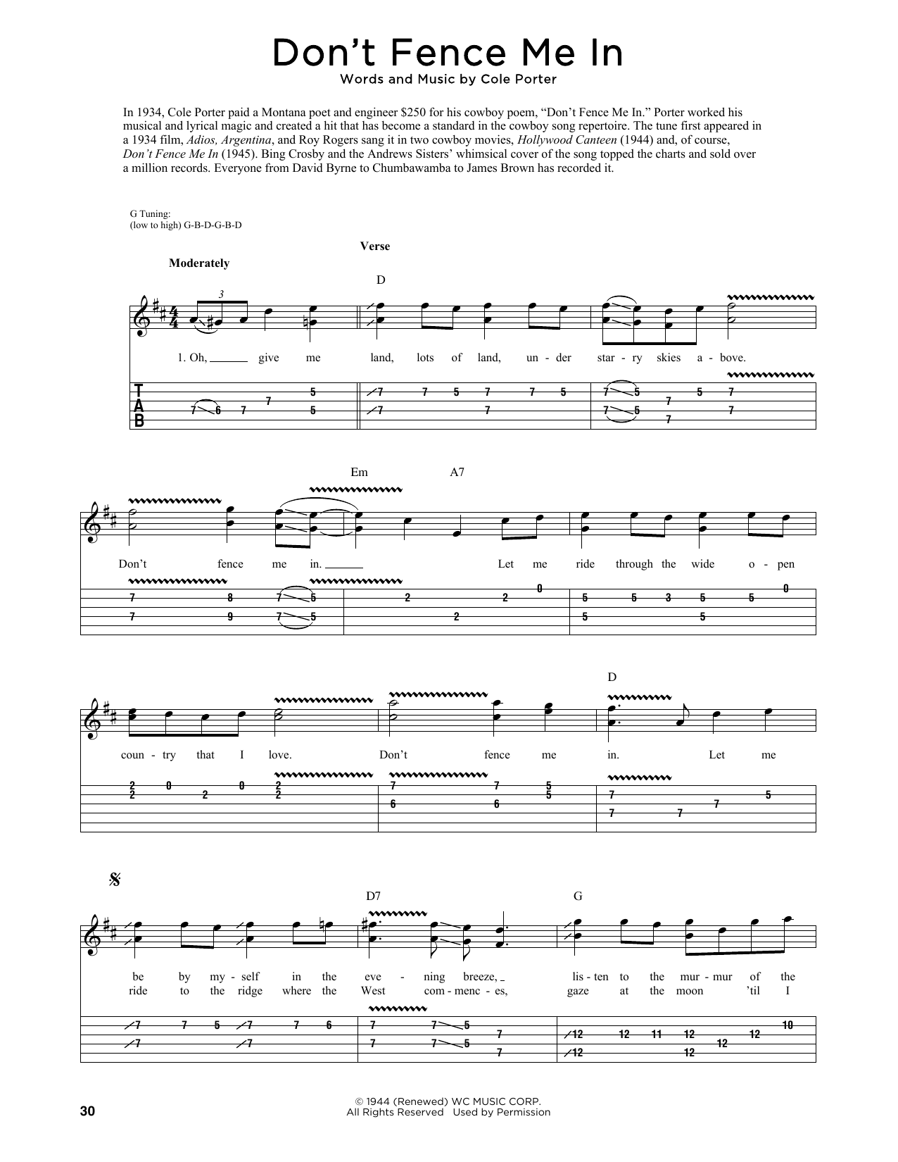 Download Cole Porter Don't Fence Me In (arr. Fred Sokolow) Sheet Music and learn how to play Guitar Tab PDF digital score in minutes