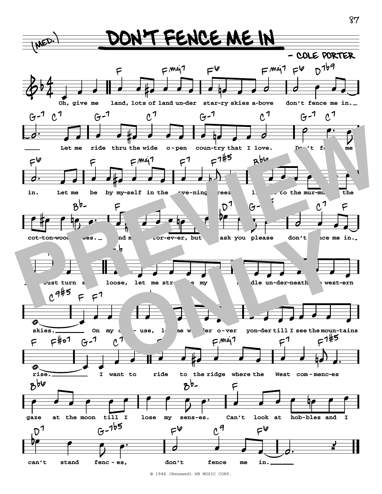 Download Cole Porter Don't Fence Me In (High Voice) Sheet Music and learn how to play Real Book – Melody, Lyrics & Chords PDF digital score in minutes