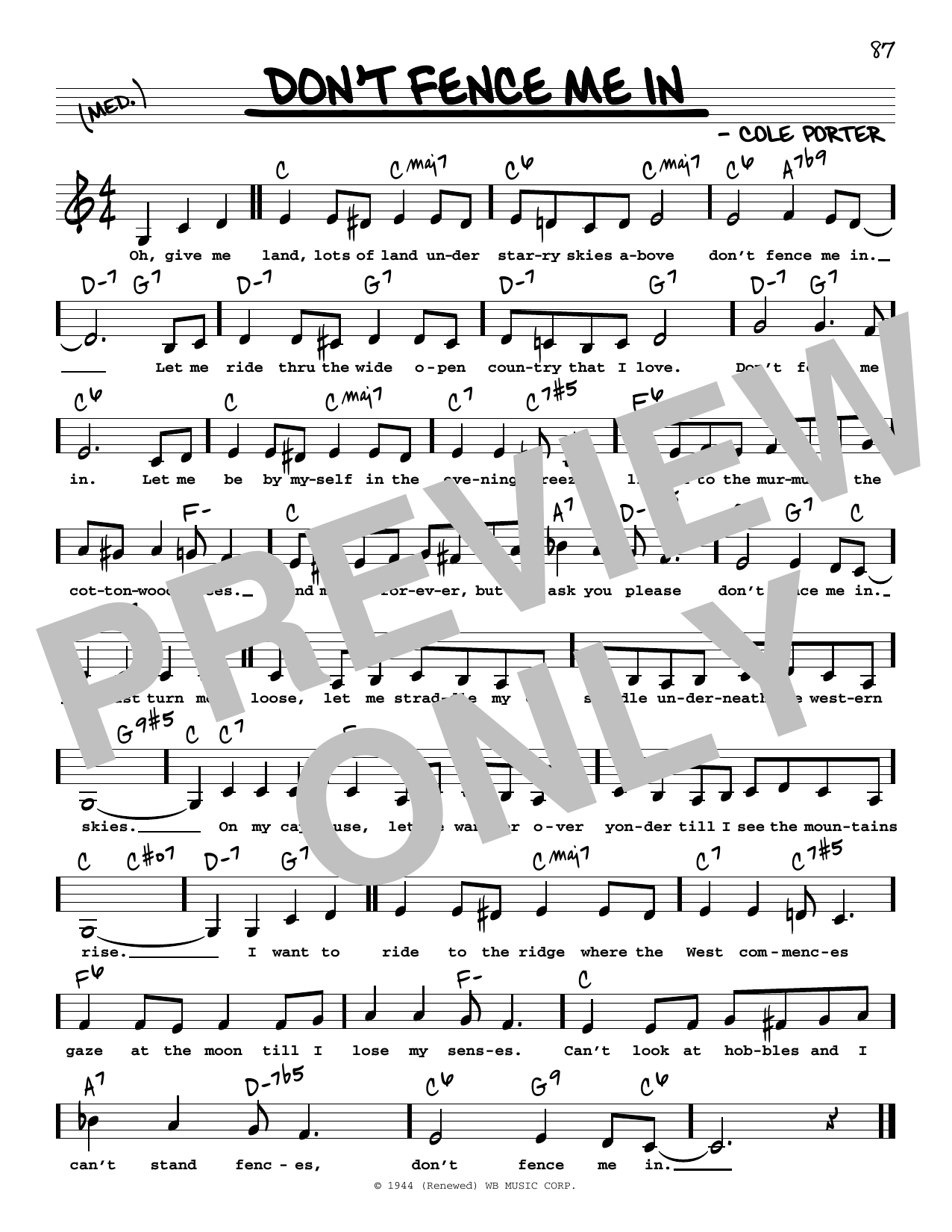 Download Cole Porter Don't Fence Me In (Low Voice) Sheet Music and learn how to play Real Book – Melody, Lyrics & Chords PDF digital score in minutes