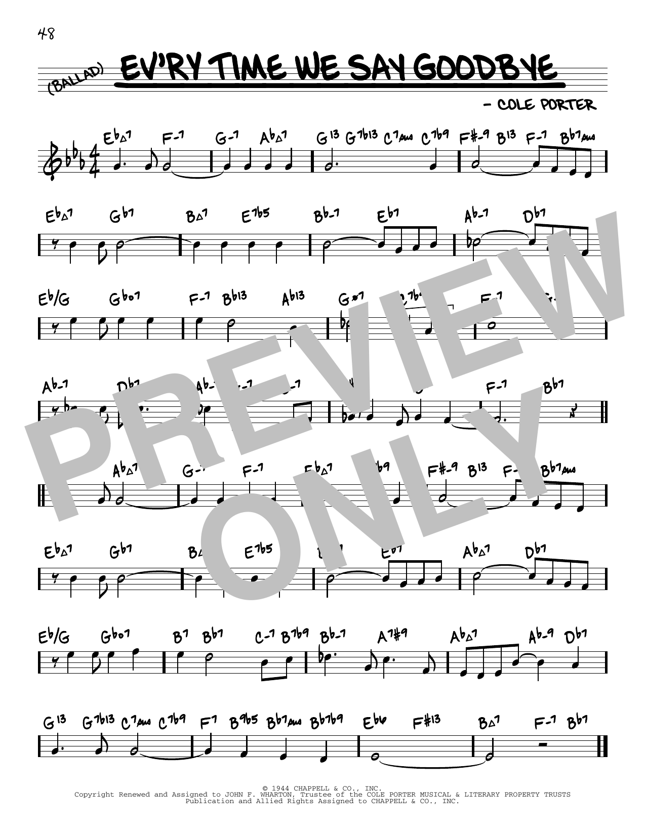 Download Cole Porter Ev'ry Time We Say Goodbye (arr. David Hazeltine) Sheet Music and learn how to play Real Book – Enhanced Chords PDF digital score in minutes