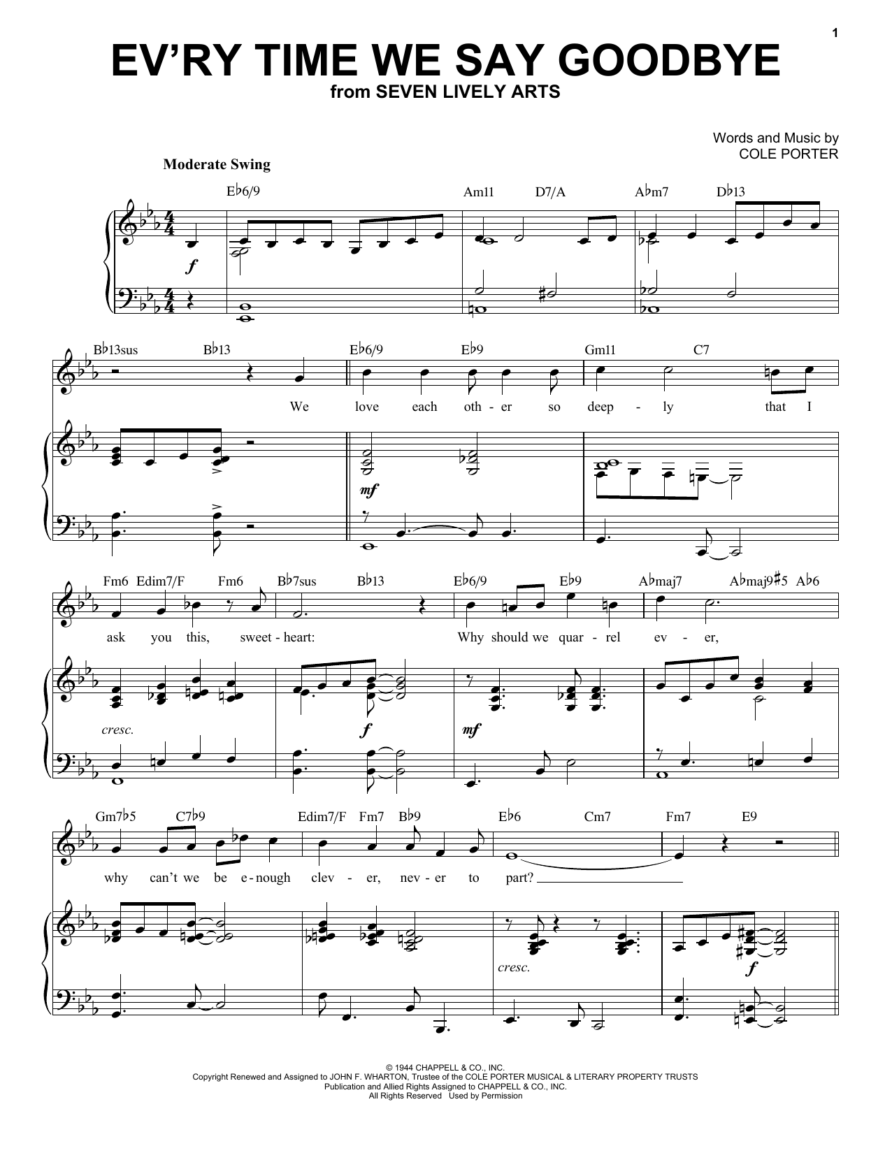 Download Cole Porter Ev'ry Time We Say Goodbye [Jazz version] (from Seven Lively Arts) (arr. Brent Ed Sheet Music and learn how to play Piano & Vocal PDF digital score in minutes