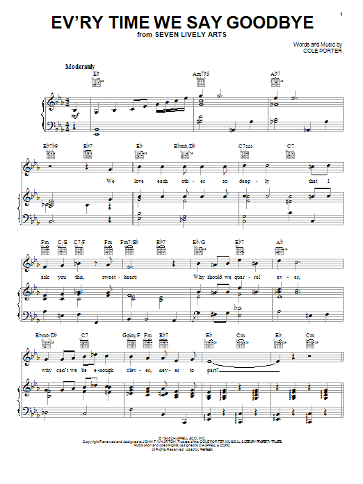 Download Cole Porter Ev'ry Time We Say Goodbye Sheet Music and learn how to play Piano, Vocal & Guitar (Right-Hand Melody) PDF digital score in minutes