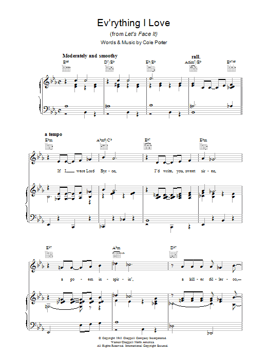 Download Cole Porter Ev'rything I Love Sheet Music and learn how to play Piano, Vocal & Guitar (Right-Hand Melody) PDF digital score in minutes