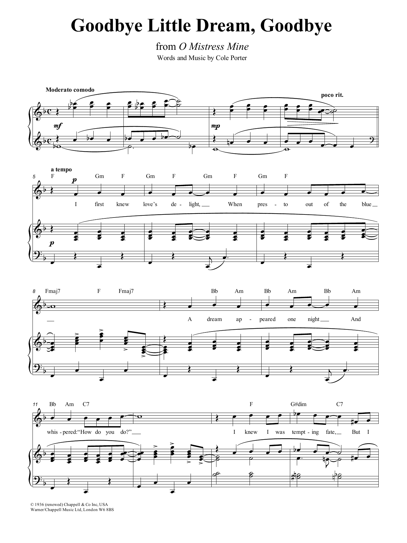 Download Cole Porter Goodbye, Little Dream, Goodbye Sheet Music and learn how to play Piano, Vocal & Guitar (Right-Hand Melody) PDF digital score in minutes