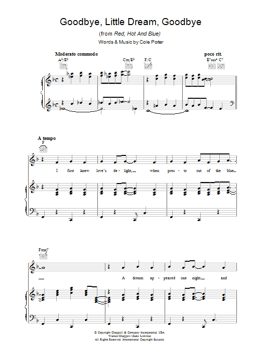 Download Cole Porter Goodbye, Little Dream, Goodbye Sheet Music and learn how to play Piano, Vocal & Guitar (Right-Hand Melody) PDF digital score in minutes