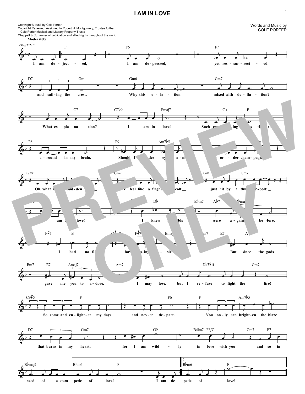 Download Cole Porter I Am In Love Sheet Music and learn how to play Melody Line, Lyrics & Chords PDF digital score in minutes