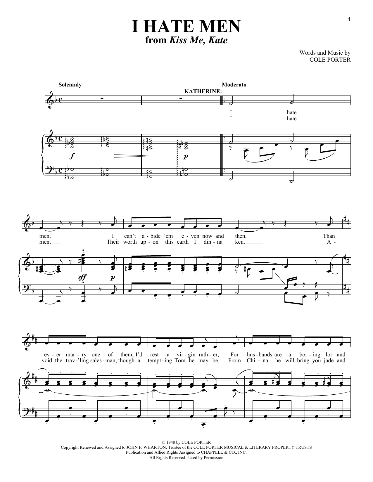 Download Cole Porter I Hate Men (from Kiss Me Kate) (arr. Richard Walters) Sheet Music and learn how to play Piano & Vocal PDF digital score in minutes