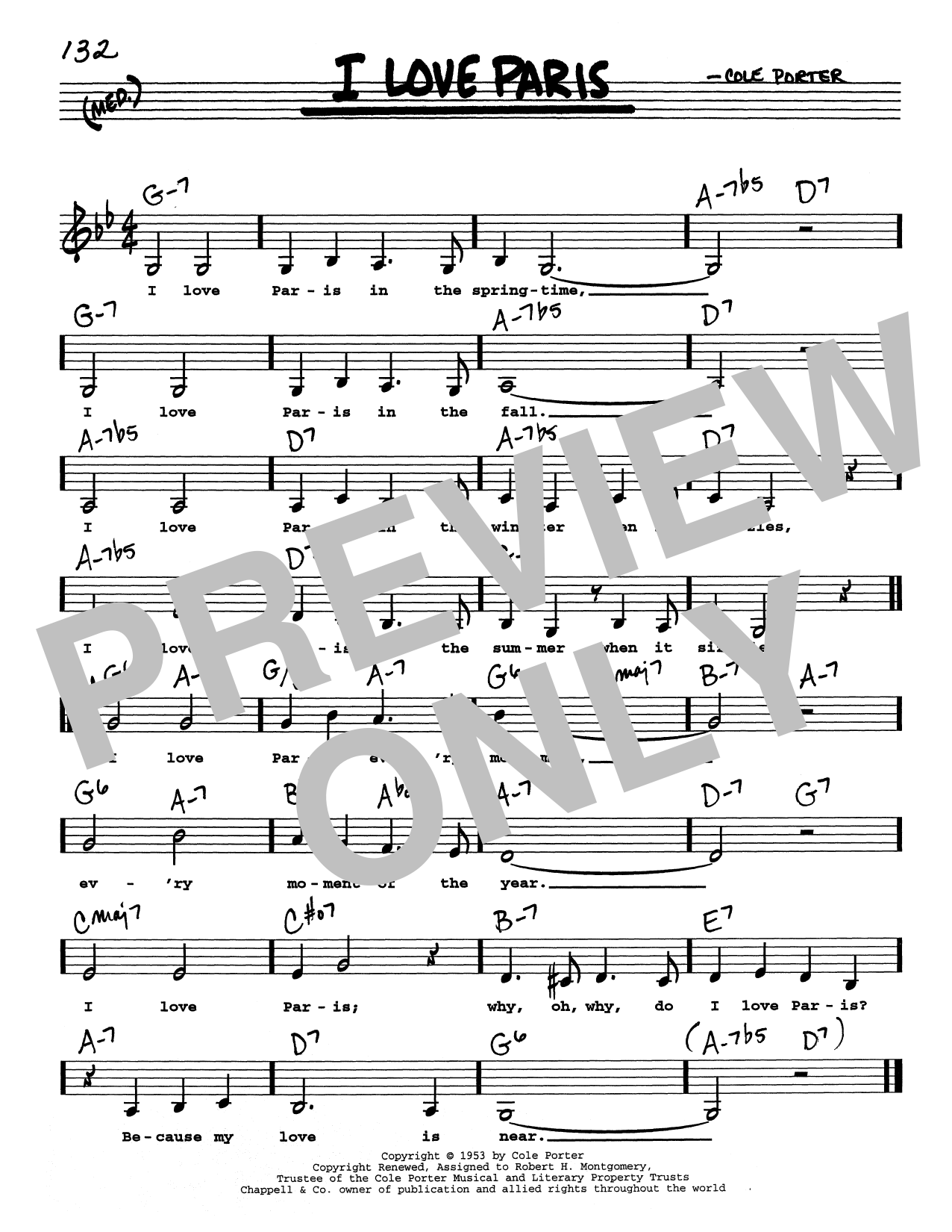 Download Cole Porter I Love Paris (Low Voice) Sheet Music and learn how to play Real Book – Melody, Lyrics & Chords PDF digital score in minutes