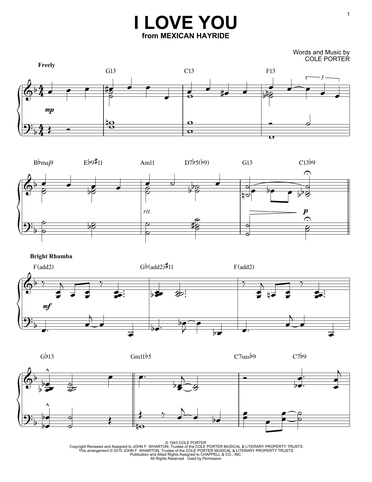 Download Cole Porter I Love You Sheet Music and learn how to play Piano PDF digital score in minutes