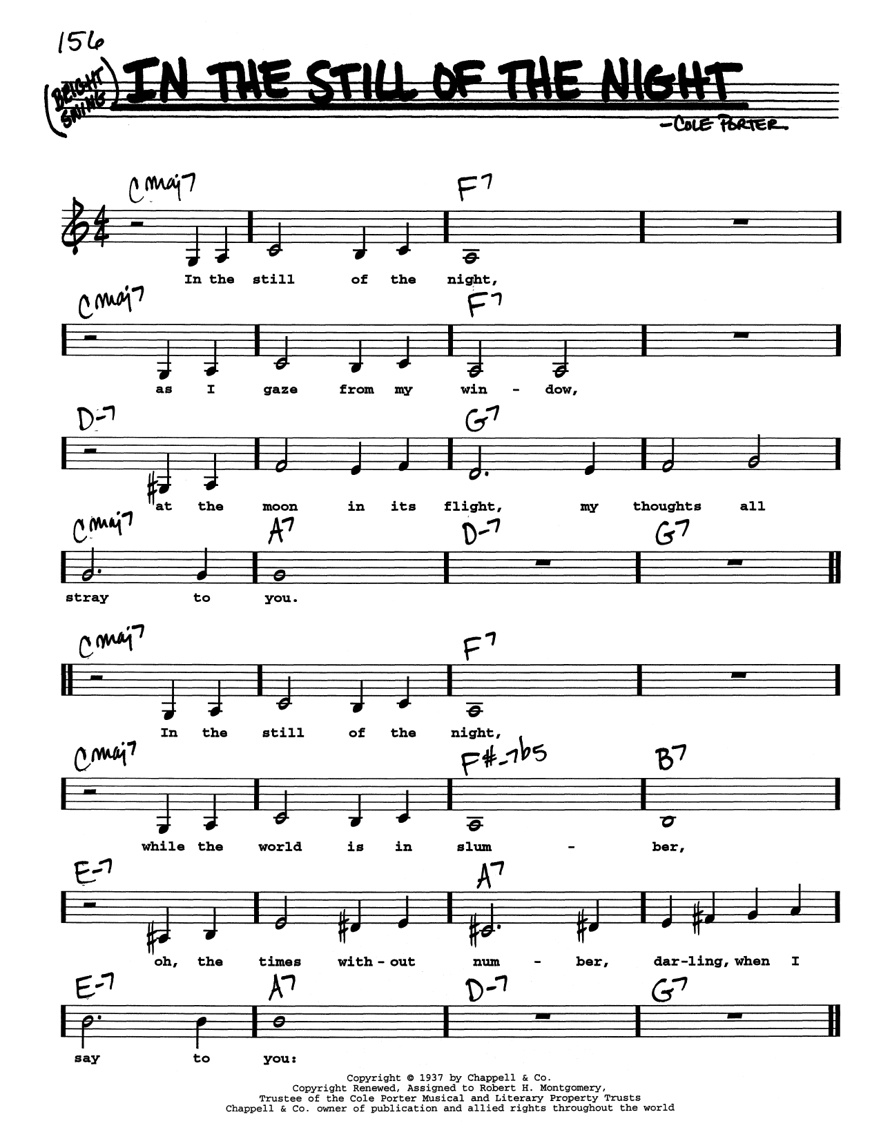 Download Cole Porter In The Still Of The Night (Low Voice) Sheet Music and learn how to play Real Book – Melody, Lyrics & Chords PDF digital score in minutes