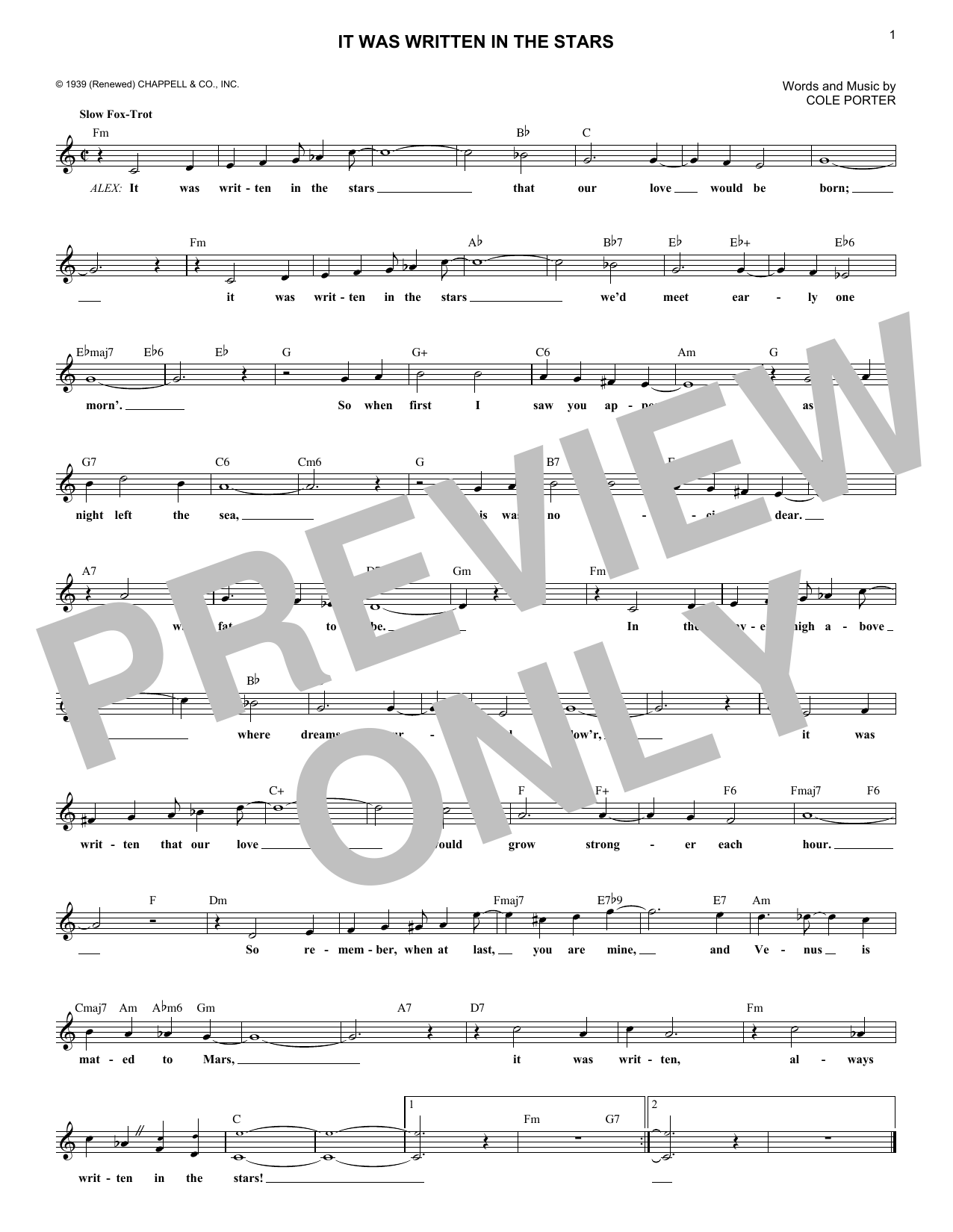 Download Cole Porter It Was Written In The Stars Sheet Music and learn how to play Melody Line, Lyrics & Chords PDF digital score in minutes