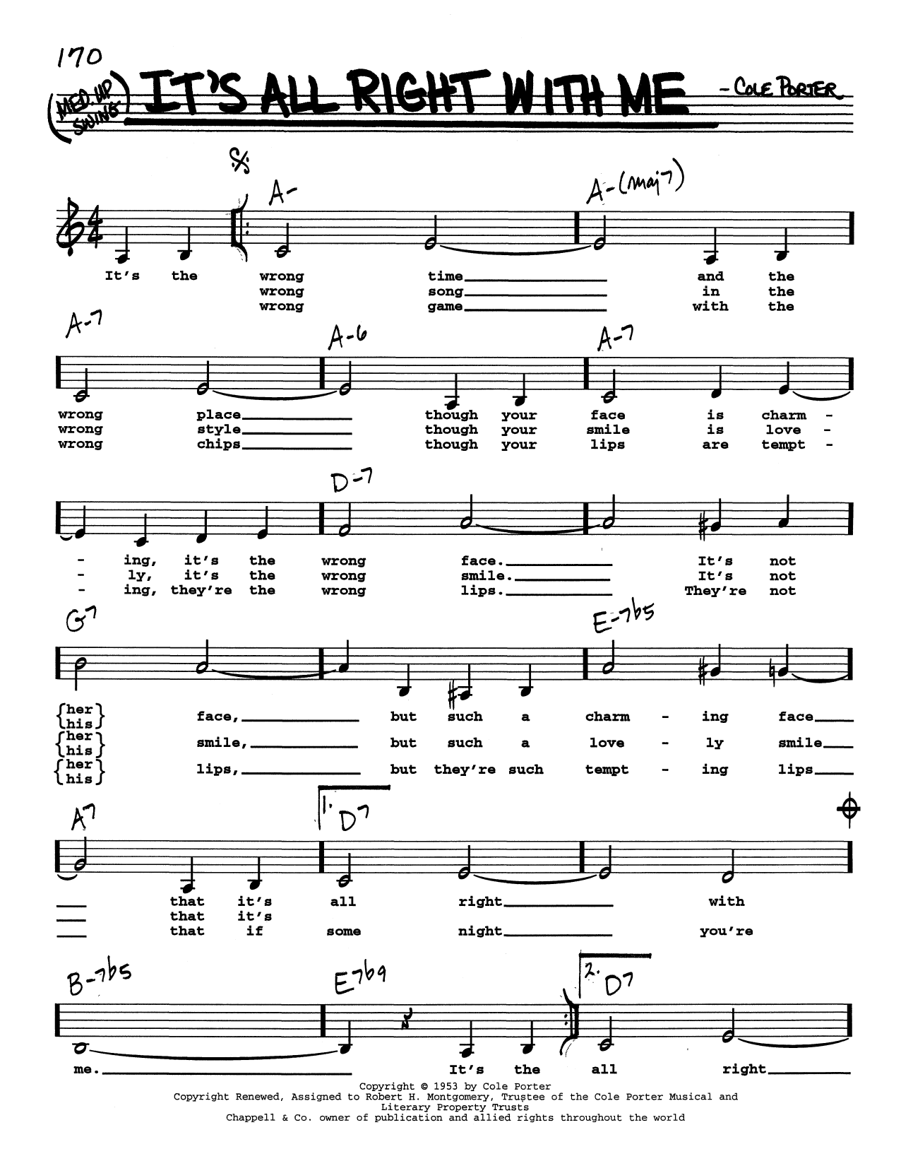 Download Cole Porter It's All Right With Me (Low Voice) Sheet Music and learn how to play Real Book – Melody, Lyrics & Chords PDF digital score in minutes