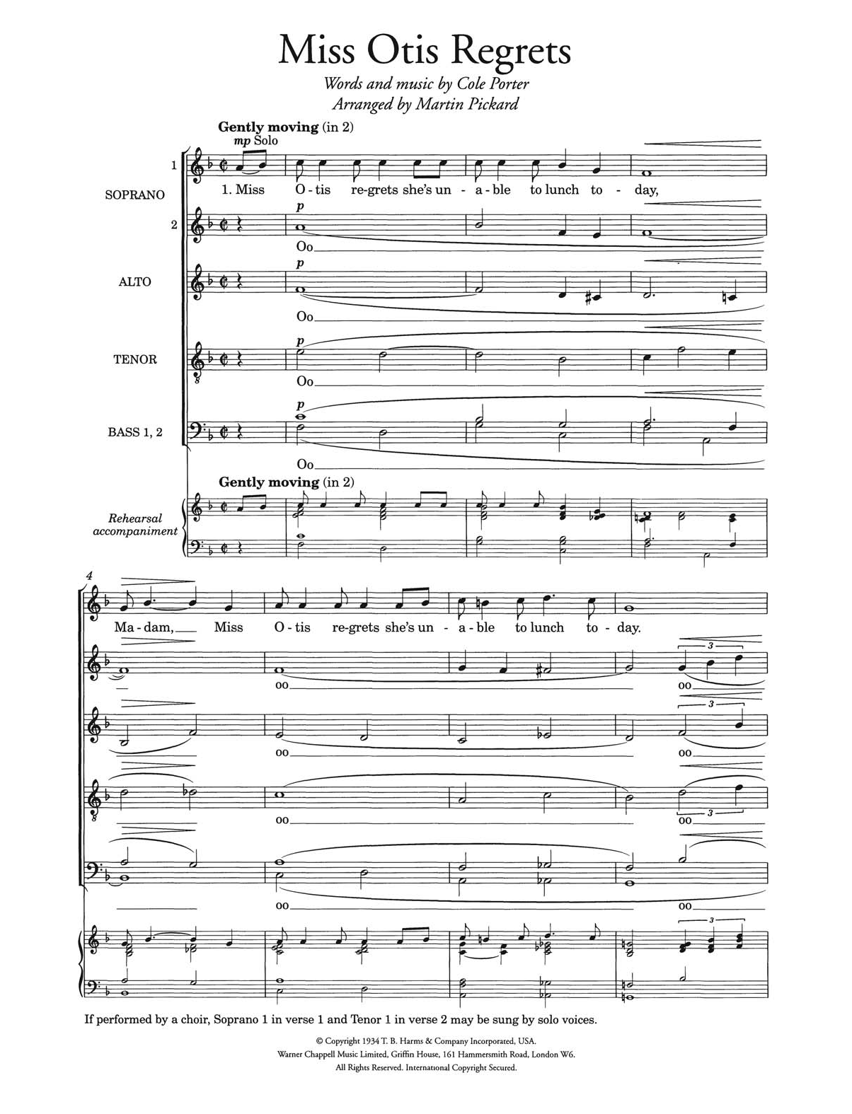 Download Cole Porter Miss Otis Regrets (arr. Martin Pickard) Sheet Music and learn how to play SSATBB Choir PDF digital score in minutes