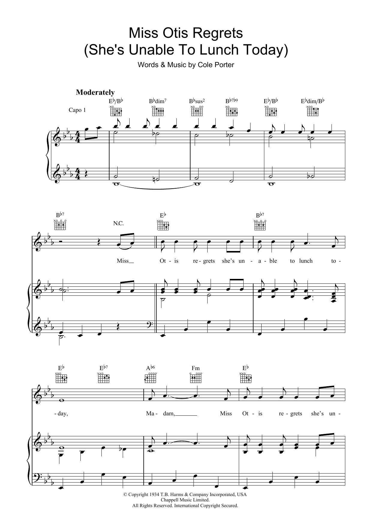 Download Cole Porter Miss Otis Regrets Sheet Music and learn how to play Piano, Vocal & Guitar (Right-Hand Melody) PDF digital score in minutes