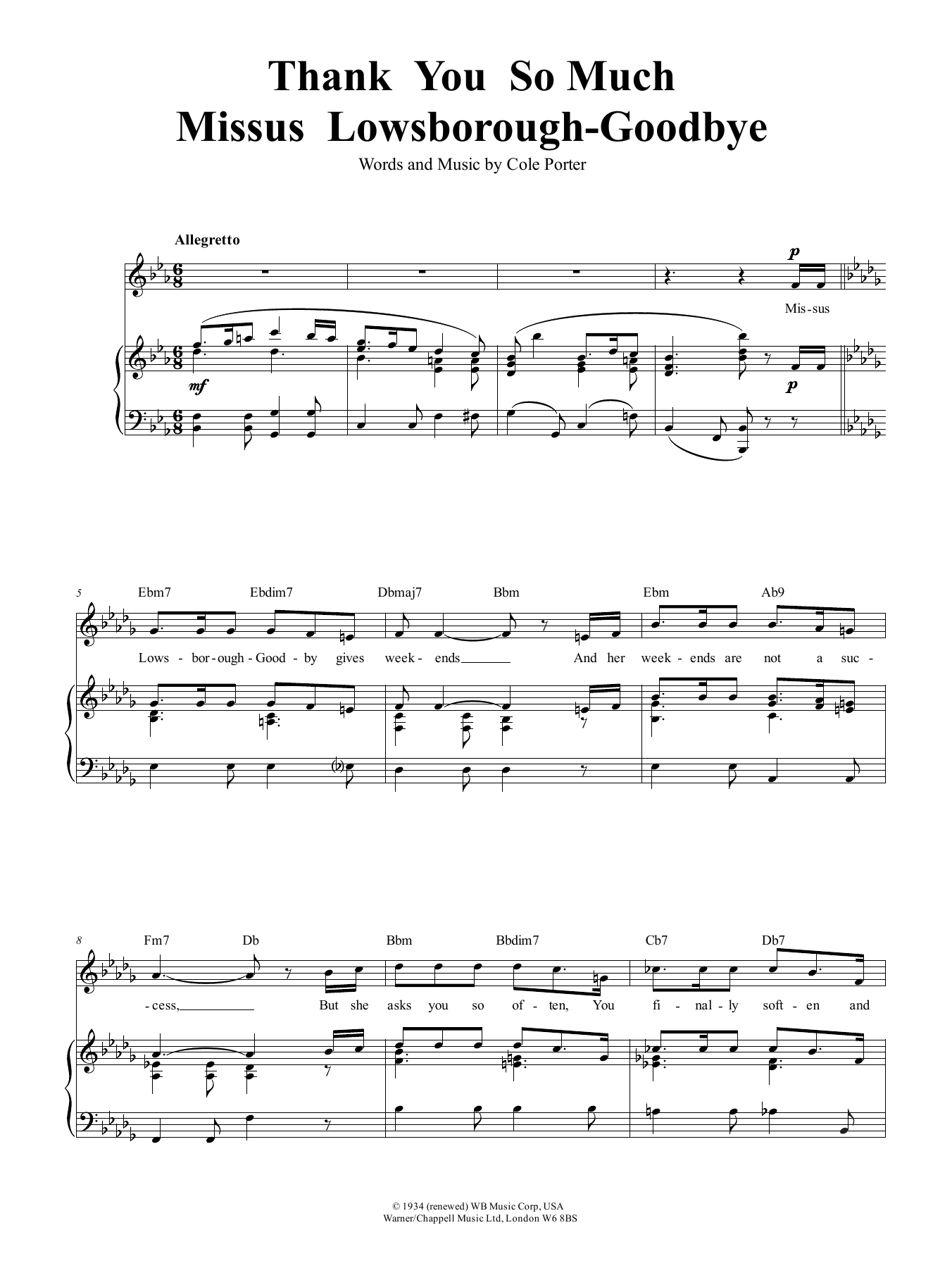 Download Cole Porter Thank You So Much, Mrs Lowsborough-Goodby Sheet Music and learn how to play Piano, Vocal & Guitar (Right-Hand Melody) PDF digital score in minutes