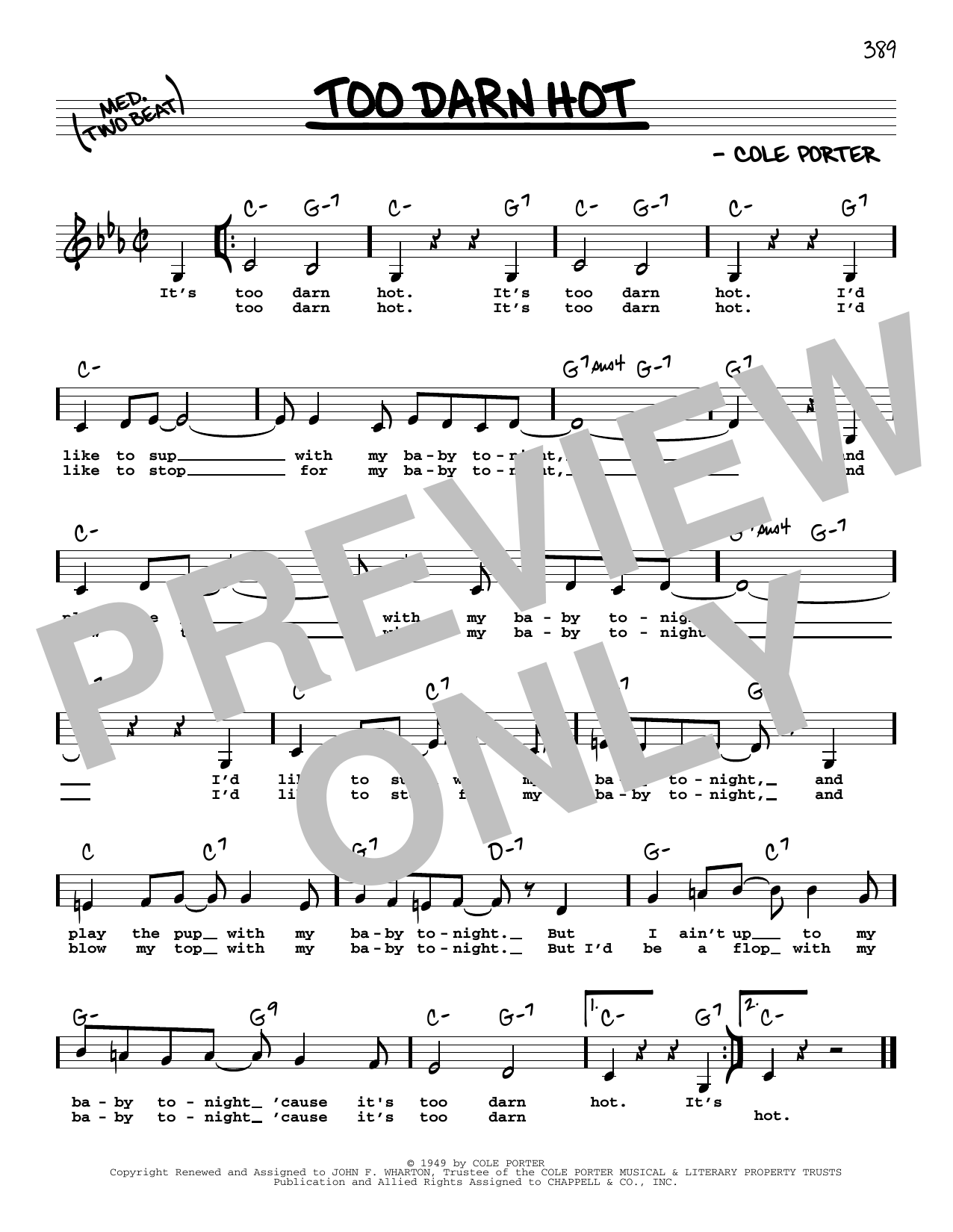 Download Cole Porter Too Darn Hot (Low Voice) Sheet Music and learn how to play Real Book – Melody, Lyrics & Chords PDF digital score in minutes