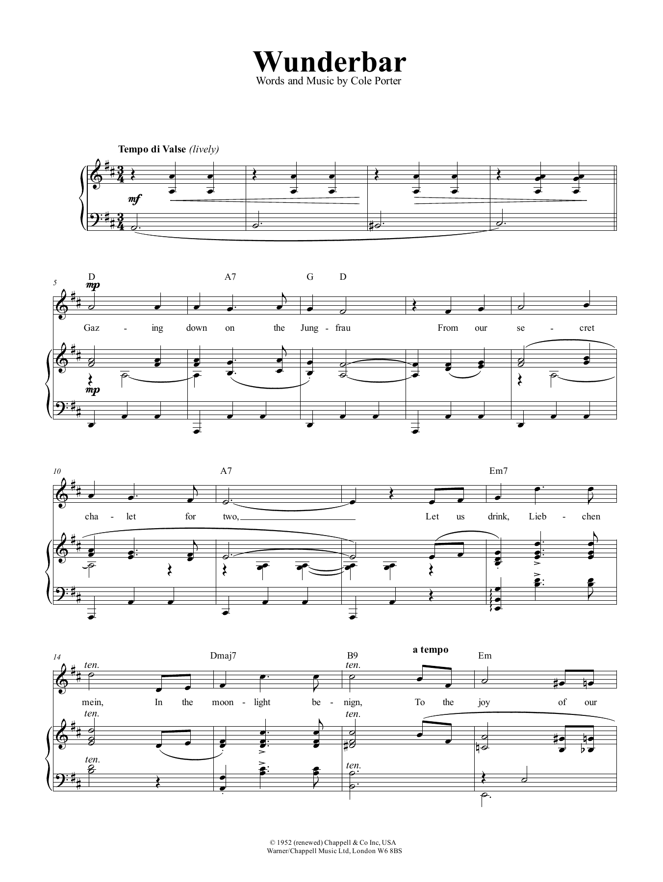 Download Cole Porter Wunderbar (from Kiss Me, Kate) Sheet Music and learn how to play Piano, Vocal & Guitar (Right-Hand Melody) PDF digital score in minutes