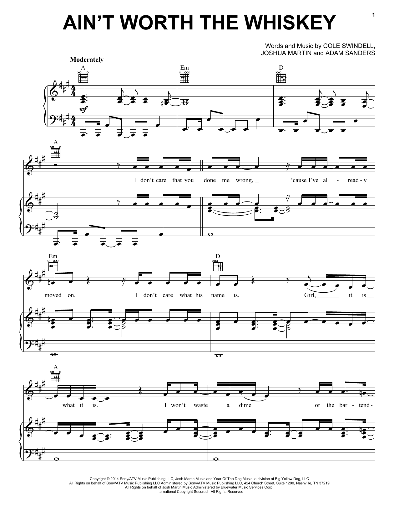 Download Cole Swindell Ain't Worth The Whiskey Sheet Music and learn how to play Piano, Vocal & Guitar (Right-Hand Melody) PDF digital score in minutes