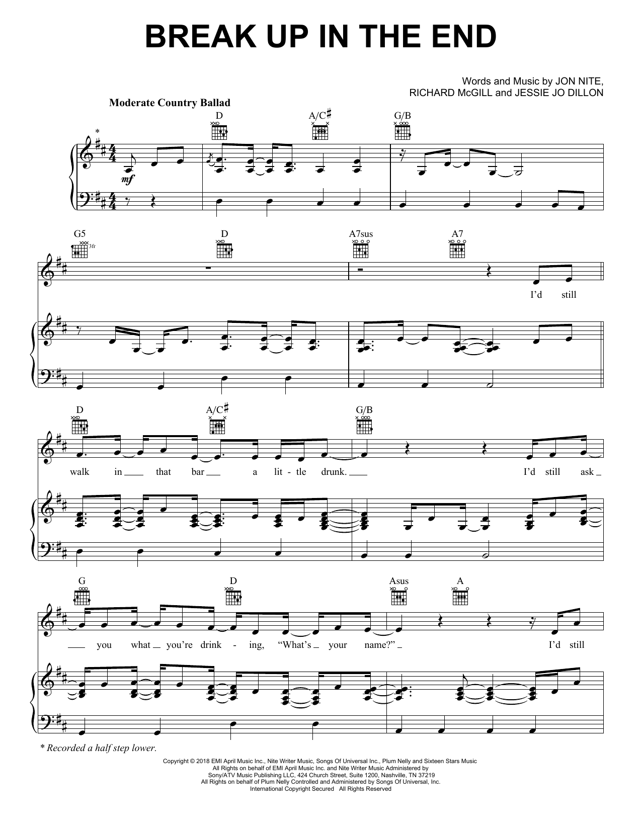 Download Cole Swindell Break Up In The End Sheet Music and learn how to play Piano, Vocal & Guitar Chords (Right-Hand Melody) PDF digital score in minutes