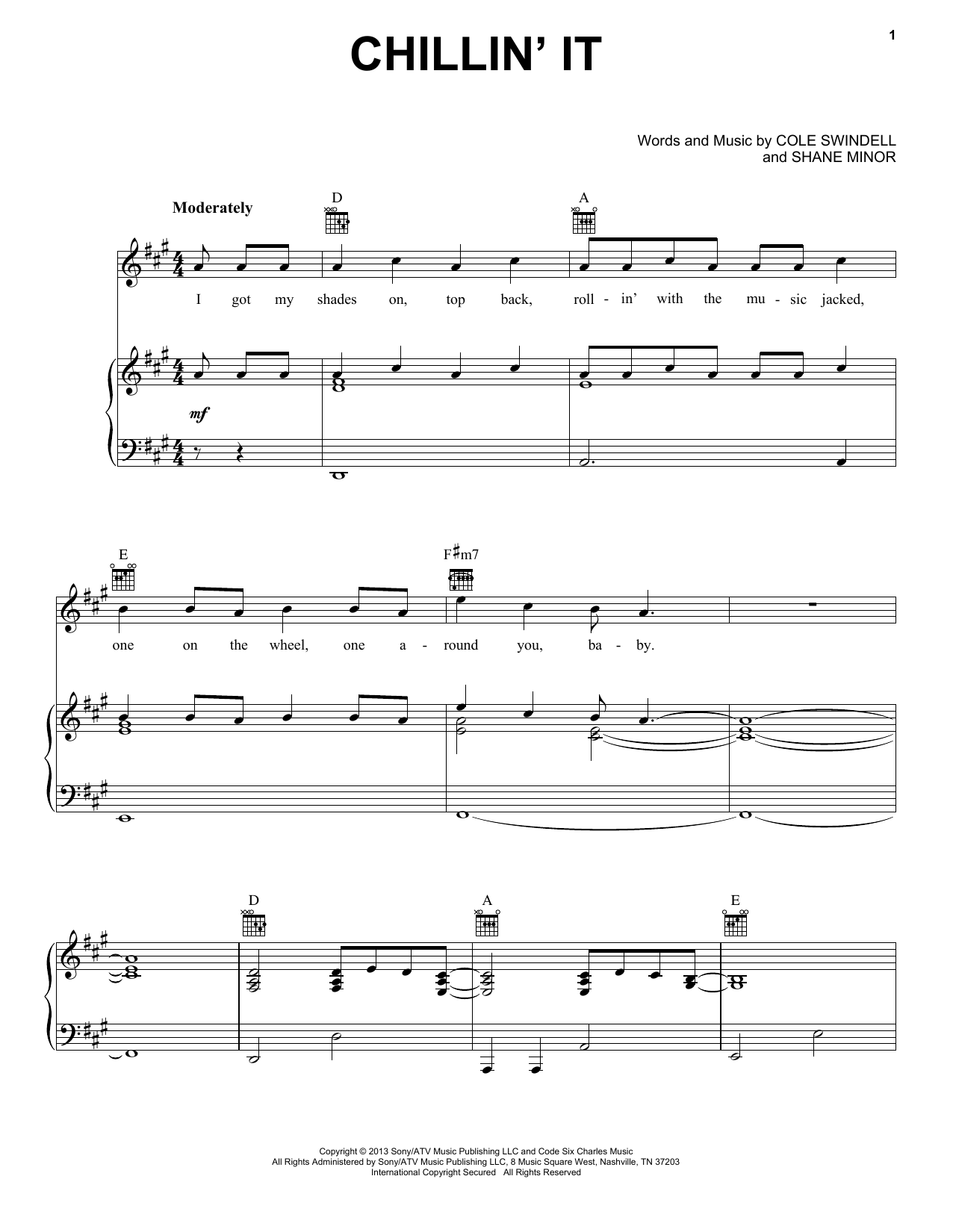 Download Cole Swindell Chillin' It Sheet Music and learn how to play Piano, Vocal & Guitar (Right-Hand Melody) PDF digital score in minutes