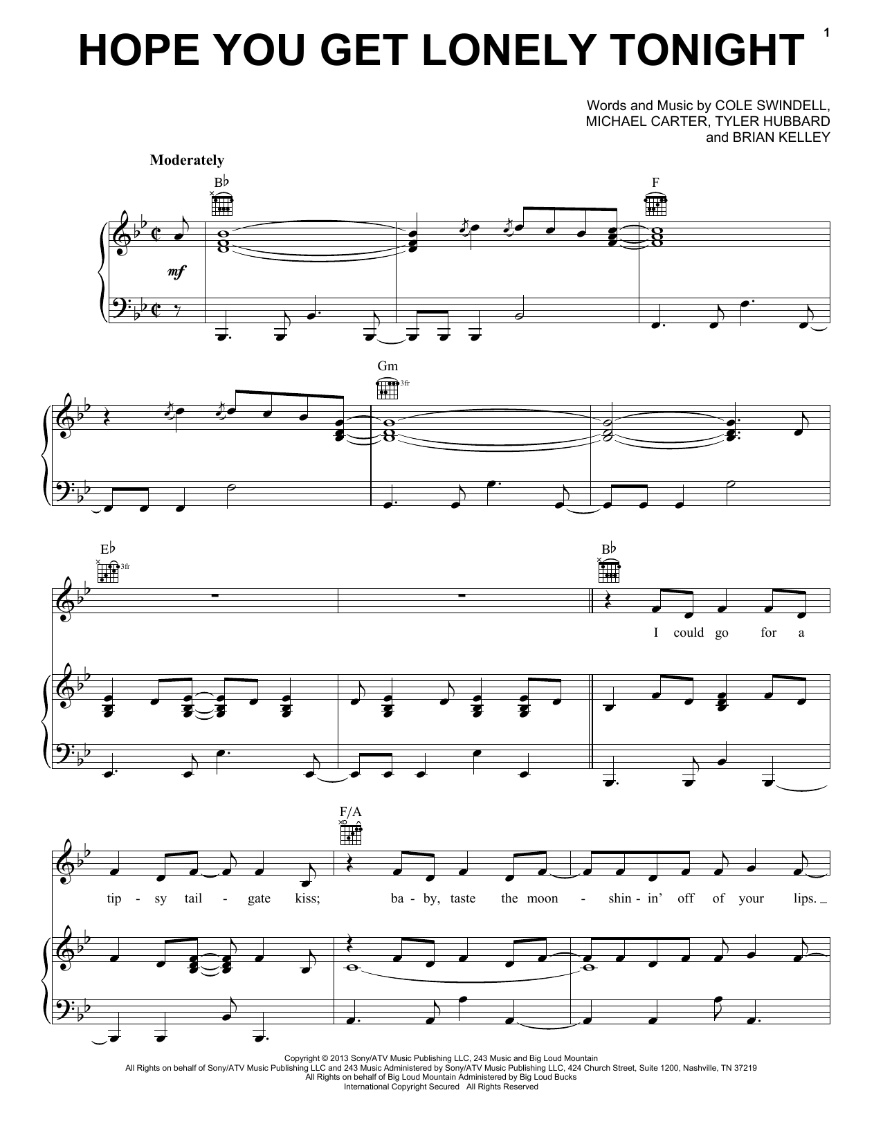 Download Cole Swindell Hope You Get Lonely Tonight Sheet Music and learn how to play Piano, Vocal & Guitar (Right-Hand Melody) PDF digital score in minutes