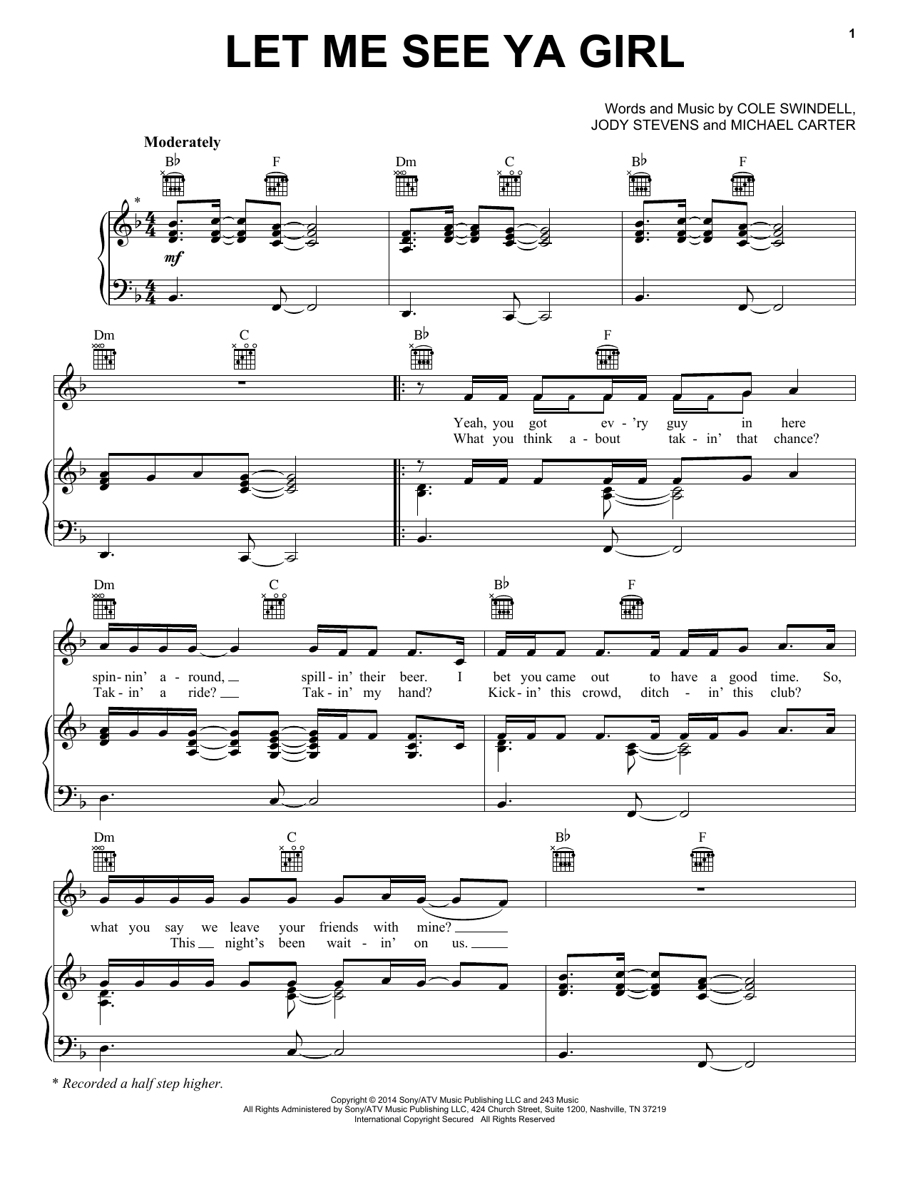 Download Cole Swindell Let Me See Ya Girl Sheet Music and learn how to play Piano, Vocal & Guitar (Right-Hand Melody) PDF digital score in minutes