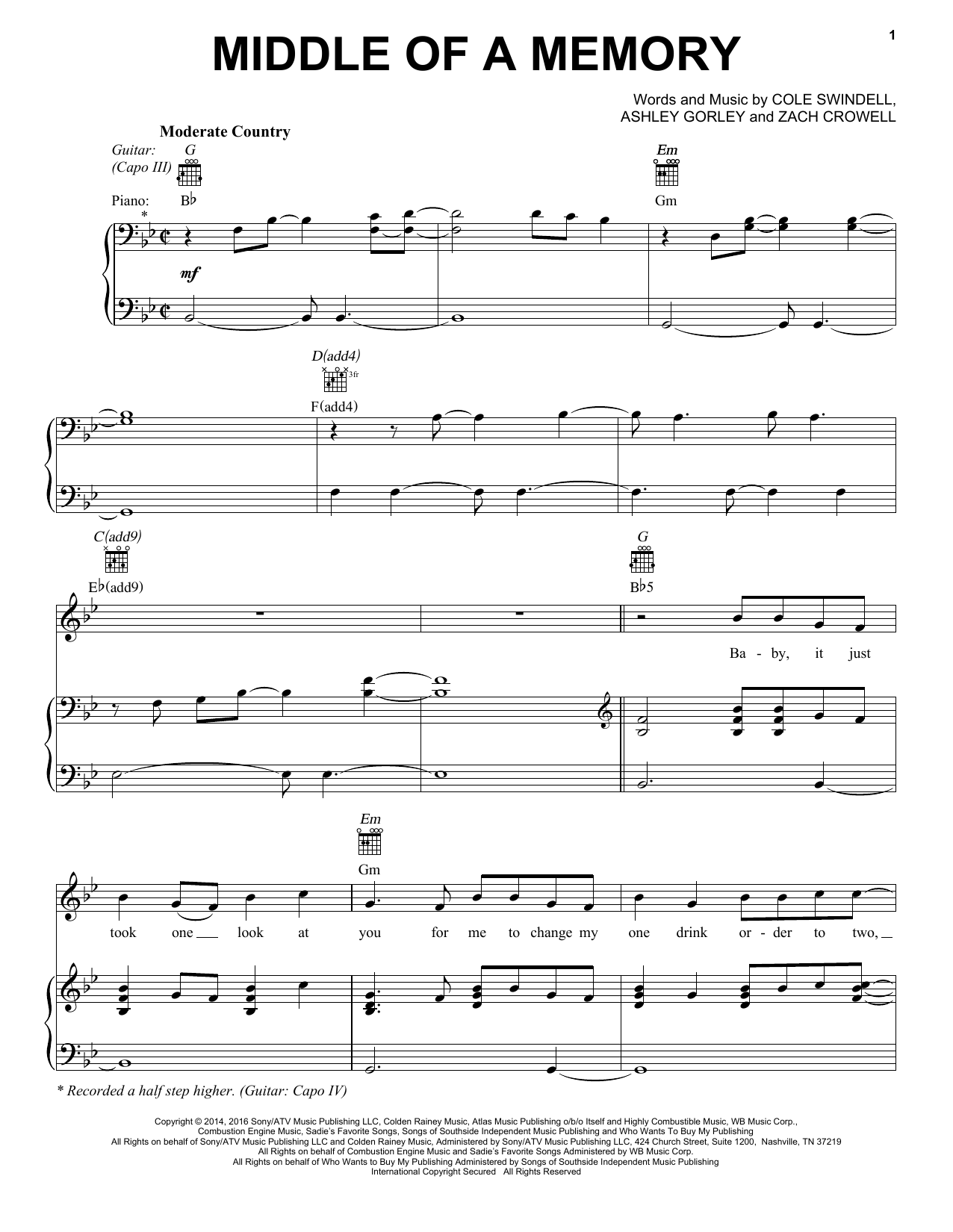 Download Cole Swindell Middle Of A Memory Sheet Music and learn how to play Piano, Vocal & Guitar (Right-Hand Melody) PDF digital score in minutes