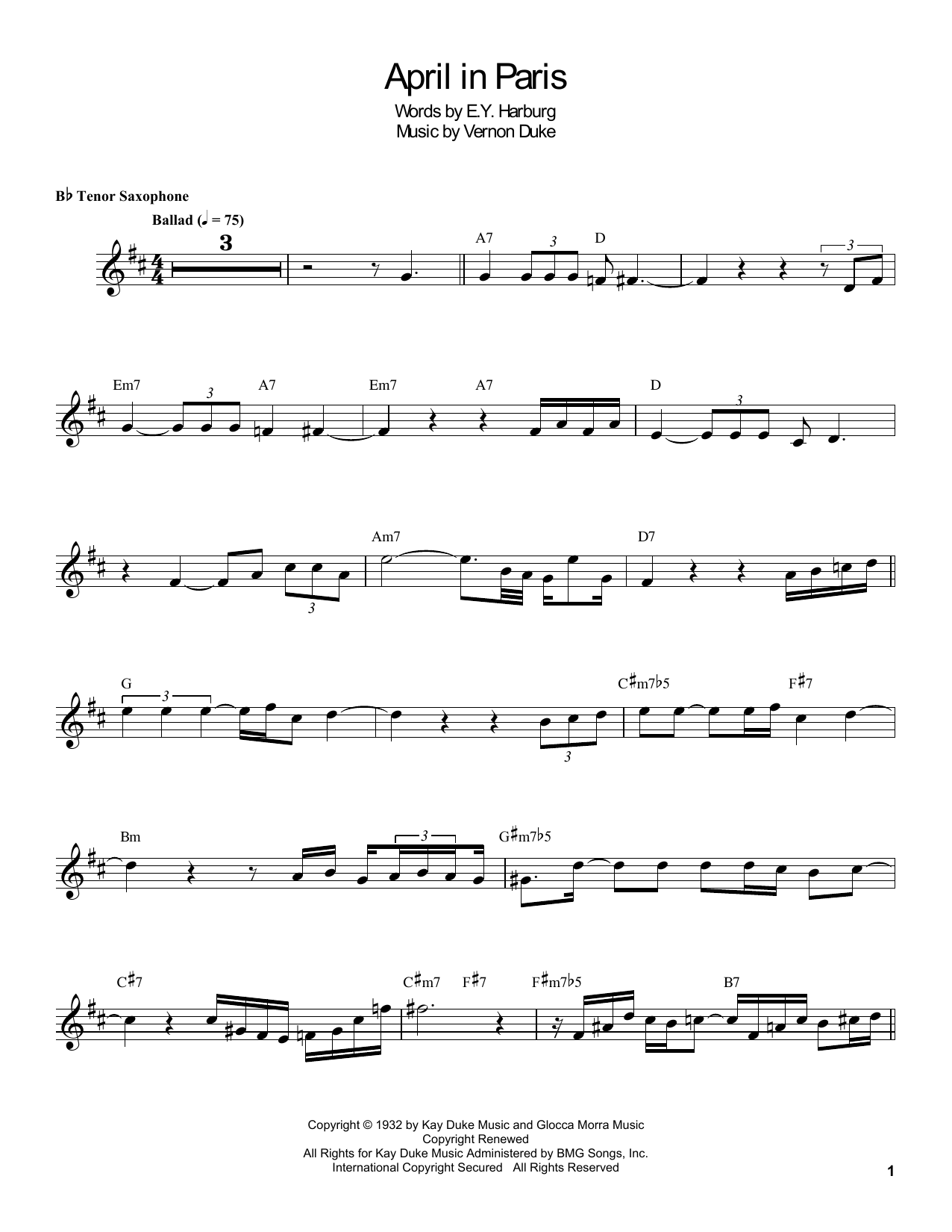Download Coleman Hawkins April In Paris Sheet Music and learn how to play Tenor Sax Transcription PDF digital score in minutes