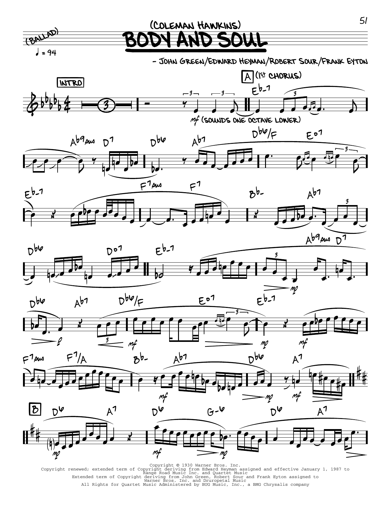 Download Coleman Hawkins Body And Soul (solo only) Sheet Music and learn how to play Real Book – Melody & Chords PDF digital score in minutes
