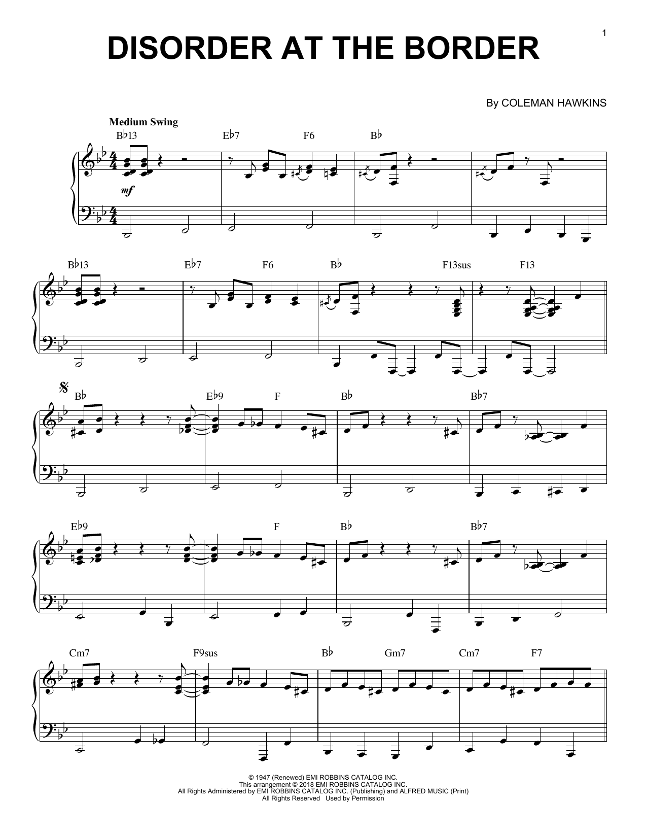 Download Coleman Hawkins Disorder At The Border Sheet Music and learn how to play Piano PDF digital score in minutes