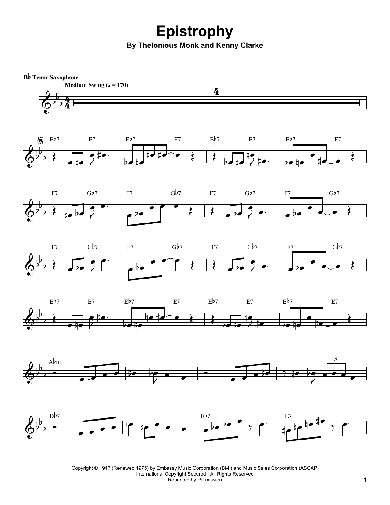 Download Coleman Hawkins Epistrophy Sheet Music and learn how to play Tenor Sax Transcription PDF digital score in minutes