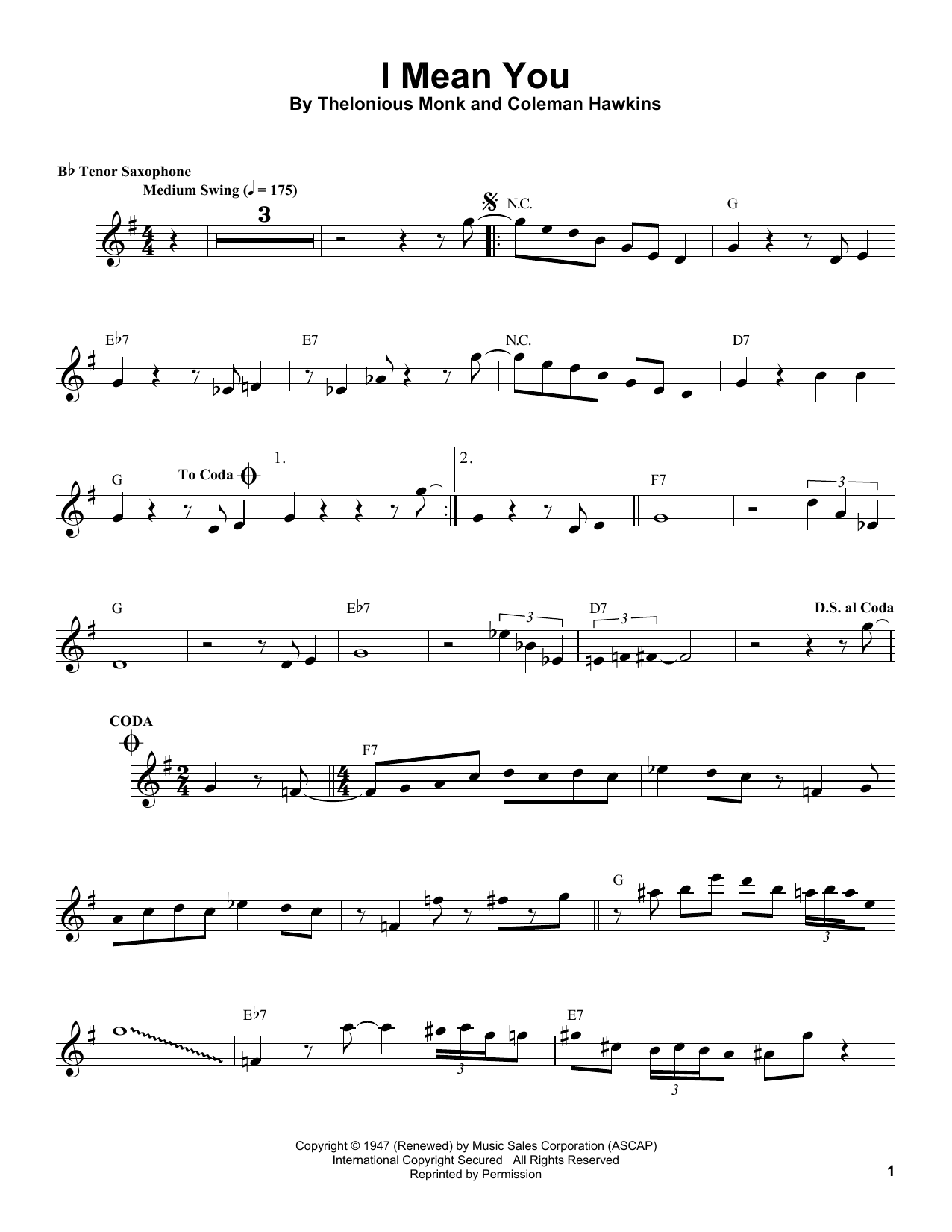 Download Coleman Hawkins I Mean You Sheet Music and learn how to play Tenor Sax Transcription PDF digital score in minutes