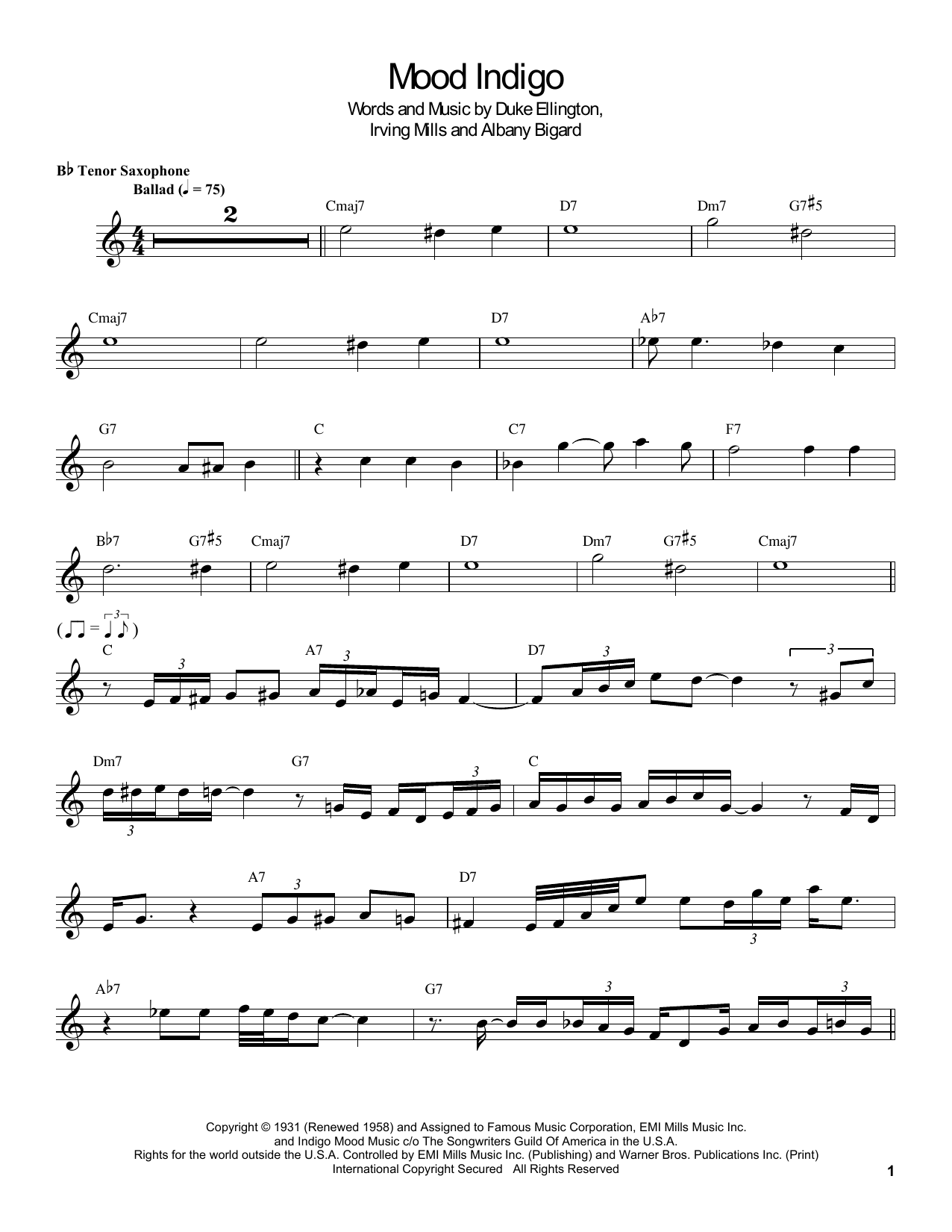 Download Coleman Hawkins Mood Indigo Sheet Music and learn how to play Tenor Sax Transcription PDF digital score in minutes