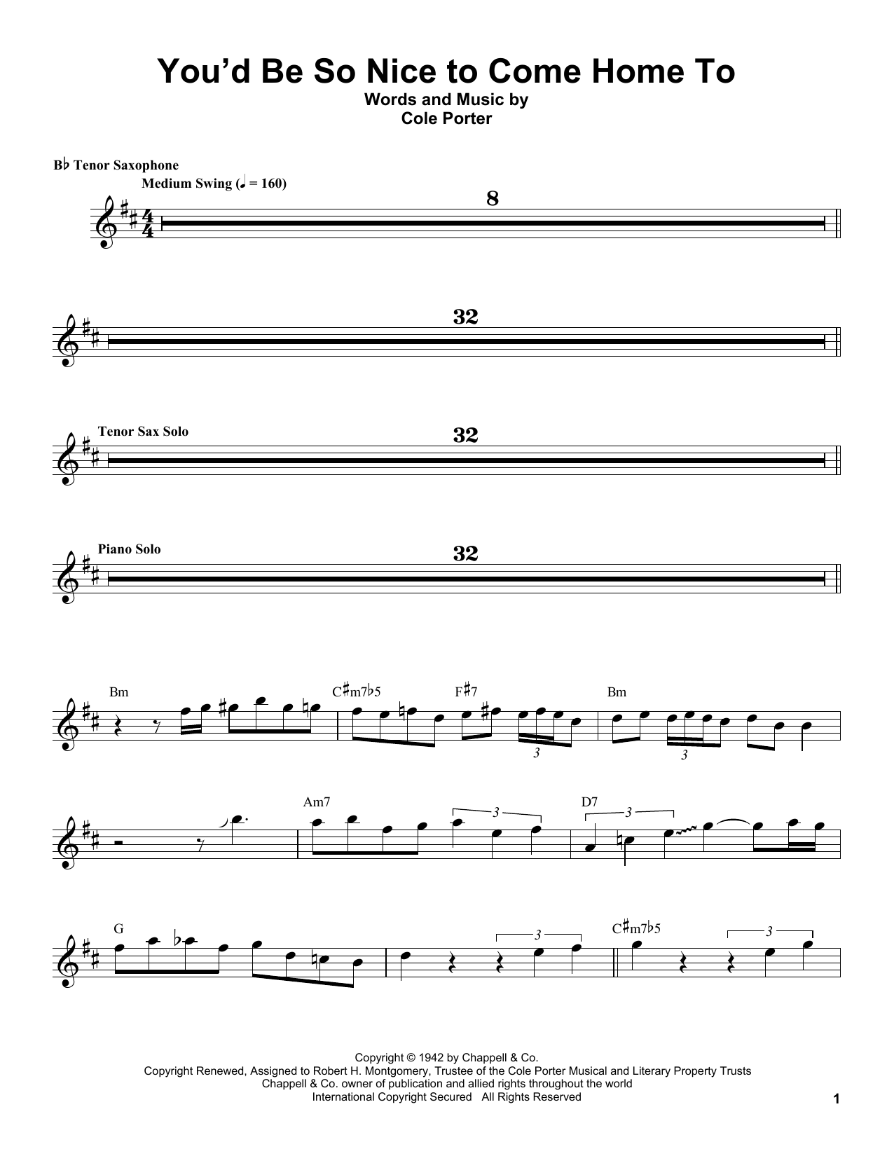 Download Coleman Hawkins You'd Be So Nice To Come Home To Sheet Music and learn how to play Tenor Sax Transcription PDF digital score in minutes