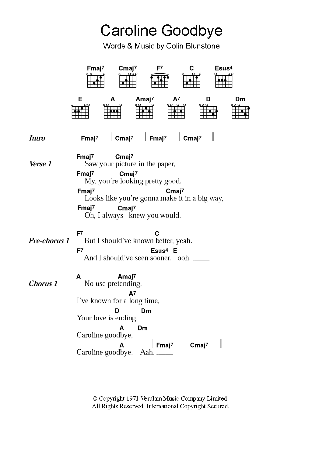 Download Colin Blunstone Caroline Goodbye Sheet Music and learn how to play Lyrics & Chords PDF digital score in minutes