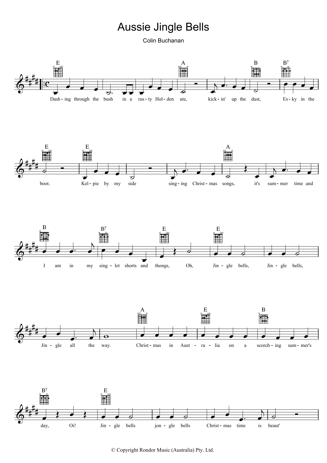 Download Colin Buchanan Aussie Jingle Bells Sheet Music and learn how to play Melody Line, Lyrics & Chords PDF digital score in minutes