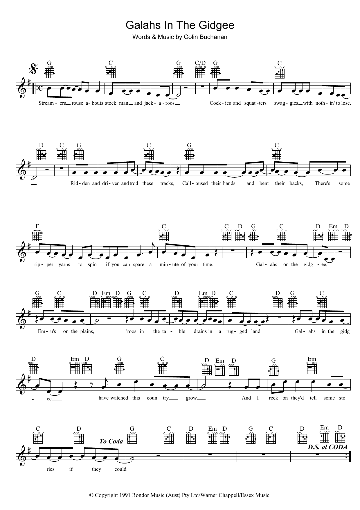 Download Colin Buchanan Galahs In The Gidgee Sheet Music and learn how to play Melody Line, Lyrics & Chords PDF digital score in minutes