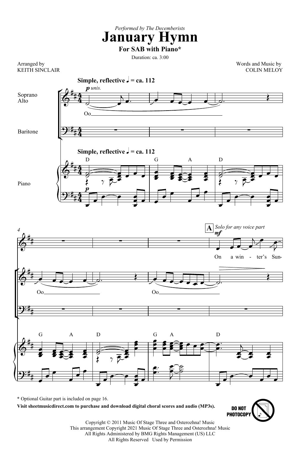 Download Colin Meloy January Hymn (arr. Keith Sinclair) Sheet Music and learn how to play SAB Choir PDF digital score in minutes