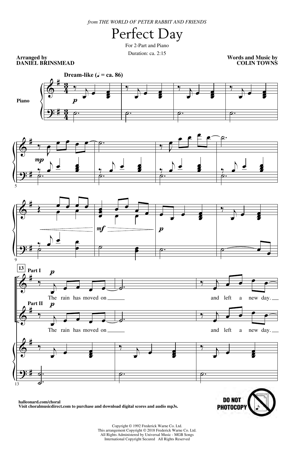 Download Colin Towns Perfect Day (Theme From The World Of Peter Rabbit And Friends) (arr. Daniel Brin Sheet Music and learn how to play 2-Part Choir PDF digital score in minutes